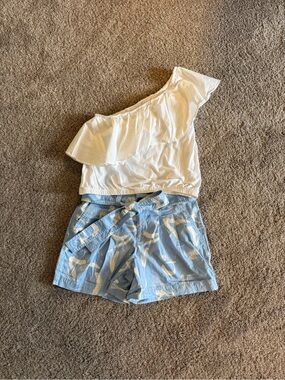 a new day Blue Printed Tie-Waist Women's Shorts and Off the Shoulder Blouse Set